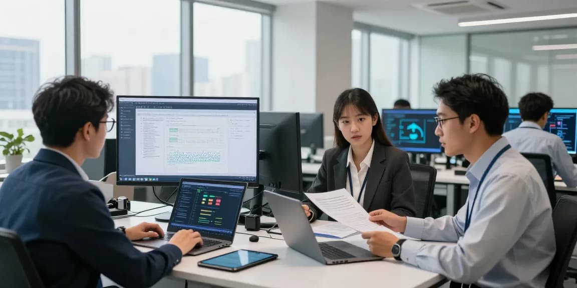 Collaboration on document fraud detection analysis in a high-tech office with AI tools.