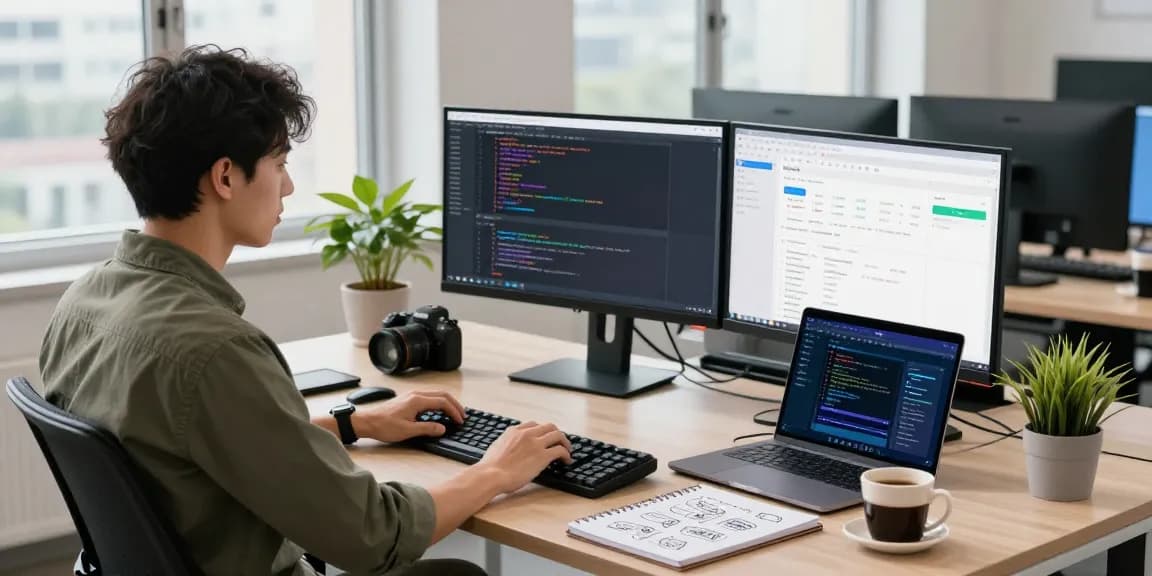 Build internal tools with AI in a modern tech workspace showcasing a developer working on an innovative project.