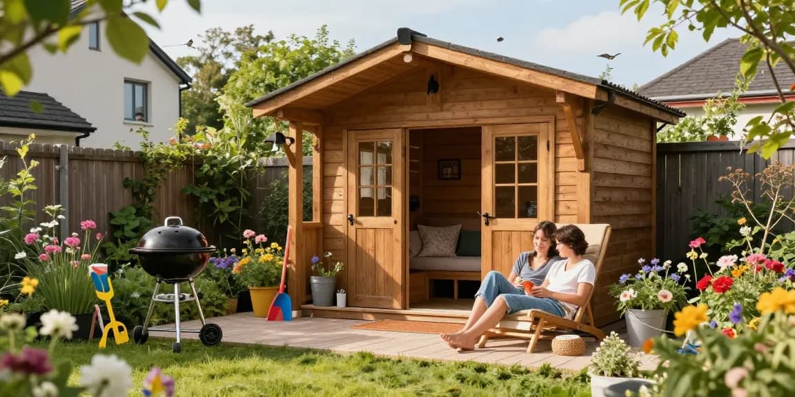 Modernes Gartenhaus umgeben von blühenden Pflanzen und entspannenden Sitzgelegenheiten im Garten.