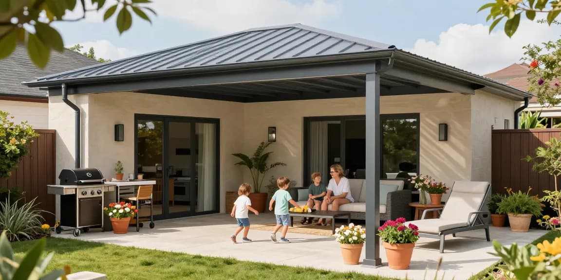 Moderne Terrassenüberdachung mit Familie im Garten genießen