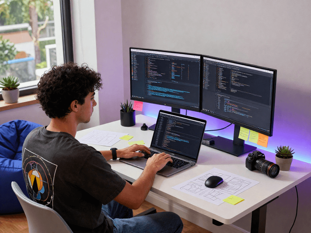 App development workspace featuring http://debet-app.com with coding setup and creative atmosphere.