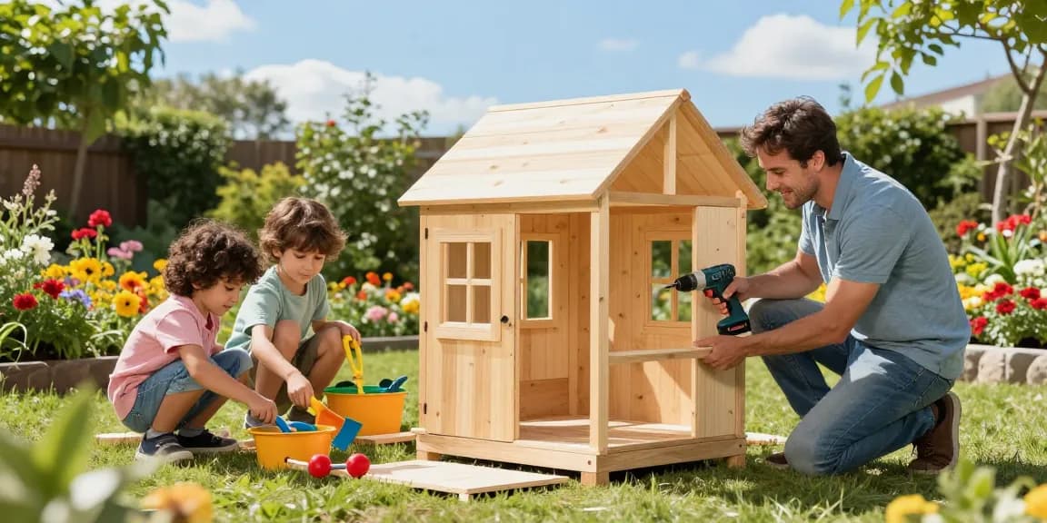 Gartenhäuser aus Holz im Familiengarten, Eltern bei der Montage und Kinder mit Spielzeug.