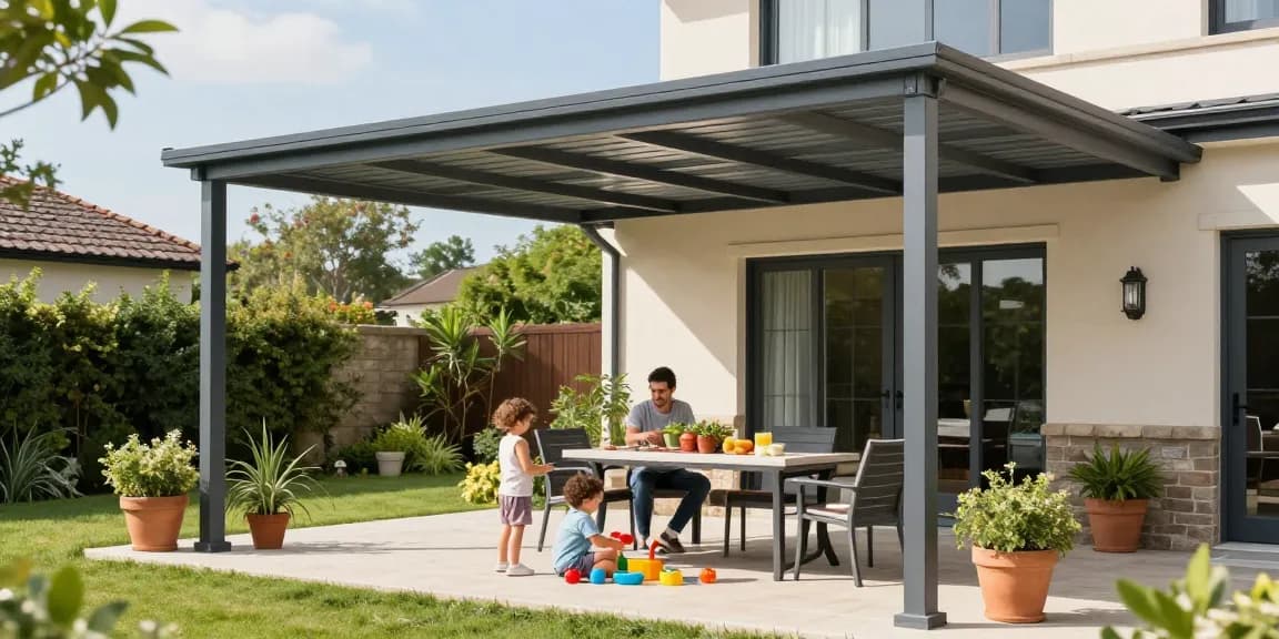 Terrassenüberdachungen in stilvollem Garten mit Familie, die sonnigen Tag genießen.