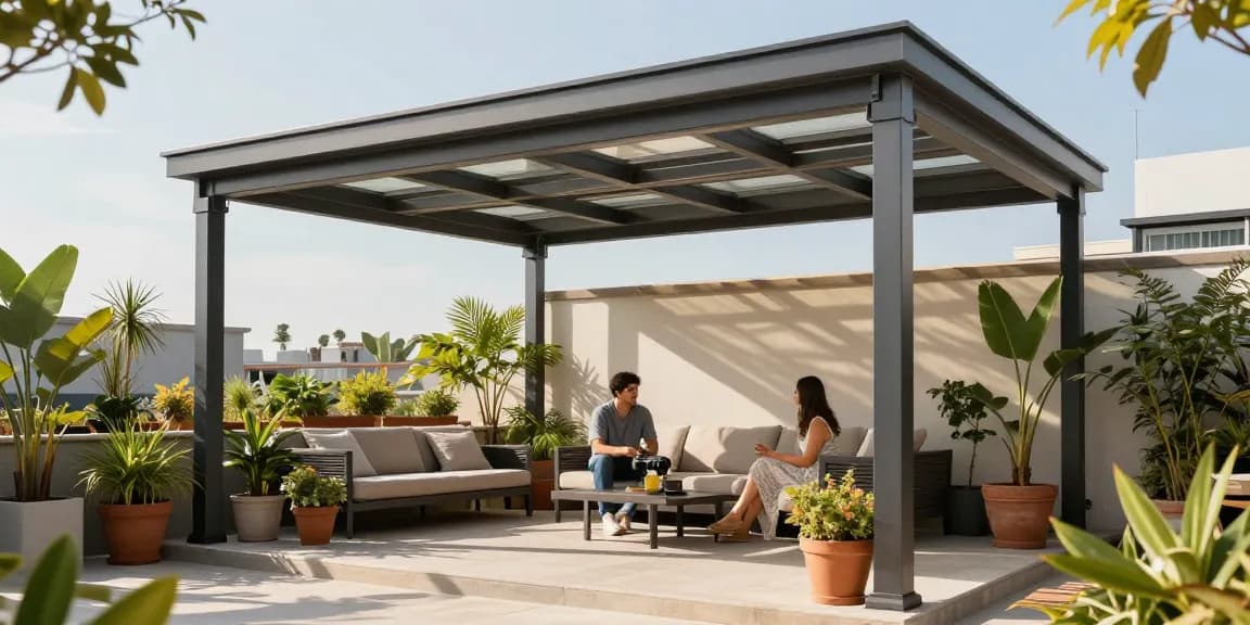 Freistehende Terrassenüberdachung in einem sonnigen Garten mit entspannenden Sitzgelegenheiten